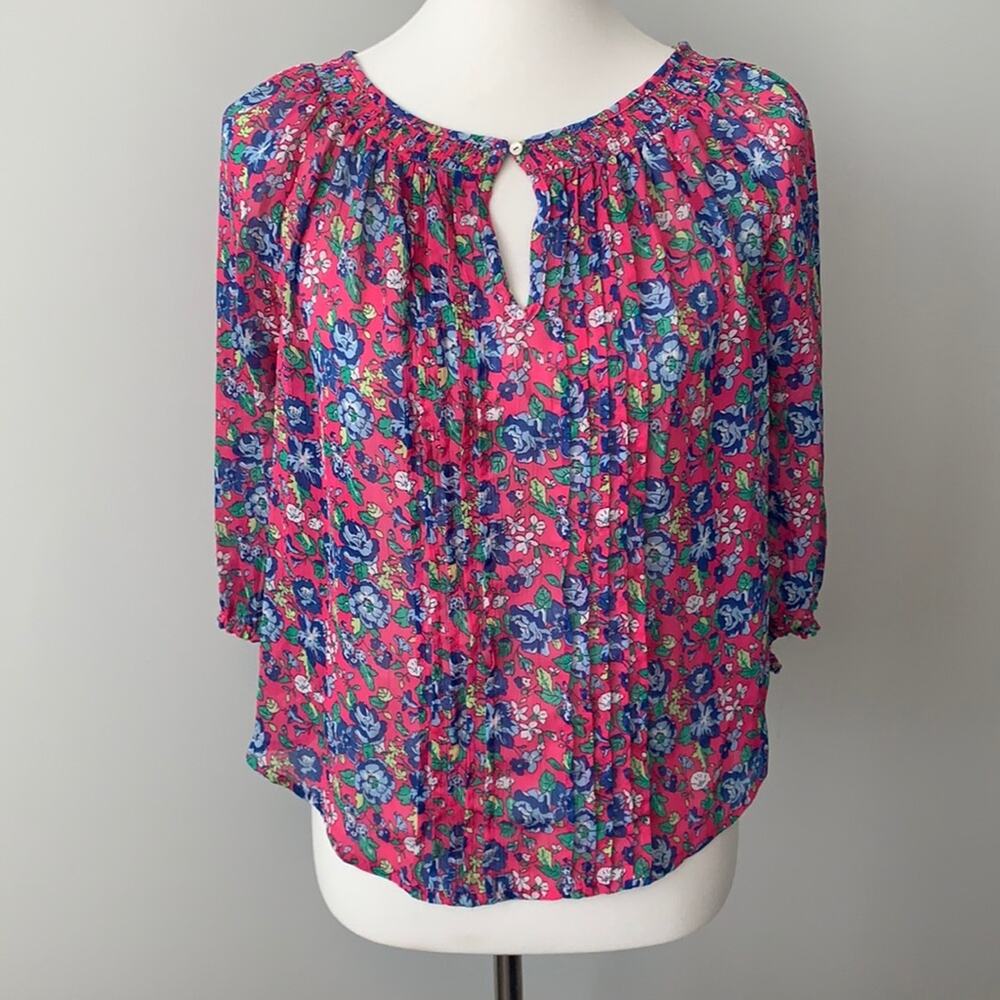Abercrombie and Fitch Pink Floral Smocked Sheer Blouse Top Sz Small